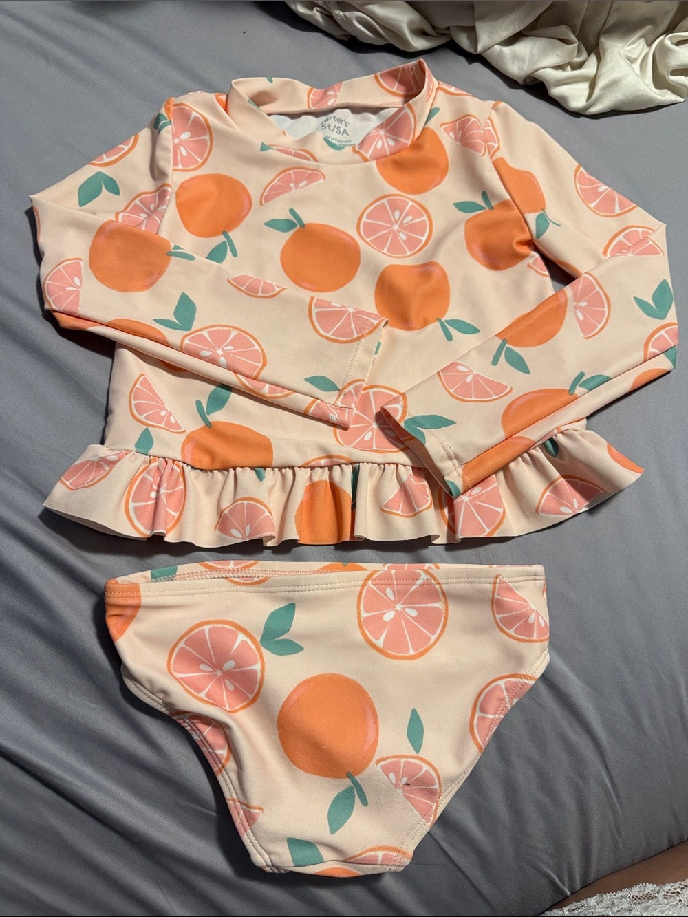 Girls Peach-Print Long Sleeve Rash Guard Bikini Set - Peach